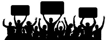 Afiş ile insan kalabalığı. Destek grup neşeli insanlar. Sporseverler. Gösteri, tezahürü, protesto, strike, devrim. Model siluet vektör arka plan, kızgın kalabalık