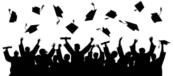 Graduated at university, college. Crowd of graduates in mantles, throws up the square academic caps. Cheerful people silhouette vector