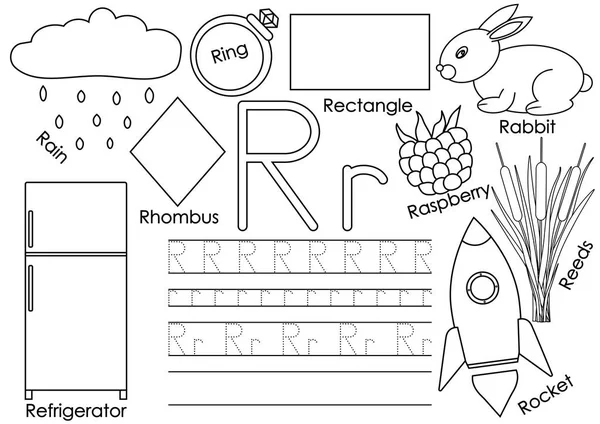 Levél Kártya Képekkel Írási Gyakorlatot Óvodáskorú Gyermekek Angol Nyelv Tanulás — Stock Vector