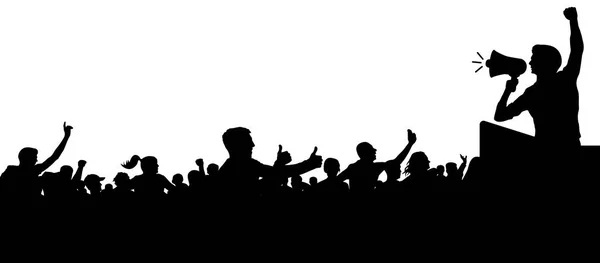 人群中的人剪影向量 匿名头 扬声器 扬声器 扬声器 发言人 在一个开朗的人暴民的掌声 体育迷 抗议人的会议 — 图库矢量图片