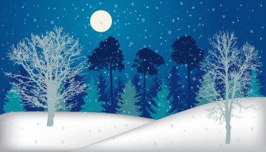 Kış kar yağışı ve dolunay, siluet ile gece ormanda (ağaçlar). Vektör çizim