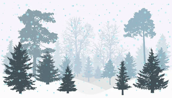 Зима Снежный Лес Деревья Силуэт Векторная Иллюстрация — стоковый вектор