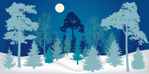 Winterlandschaft Nachtwald Silhouette Vektorillustration — Stockvektor