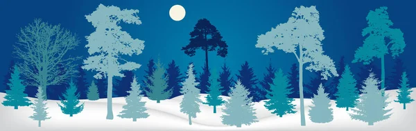 Winterlandschaft Nachtwald Panorama Silhouette Vektorillustration — Stockvektor