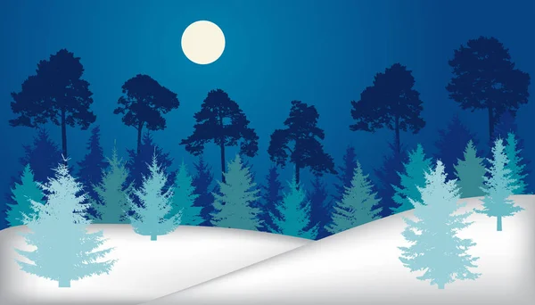 Nachtwald Tannen Kiefern Winterlandschaft Silhouette Vektorillustration — Stockvektor