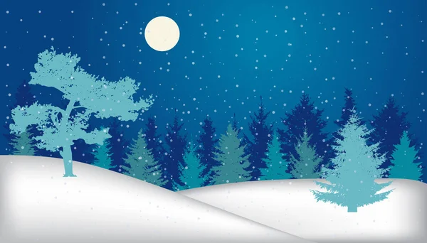 Winterlandschaft Verschneiter Nächtlicher Wald Tannen Kiefern Silhouette Vektorillustration — Stockvektor