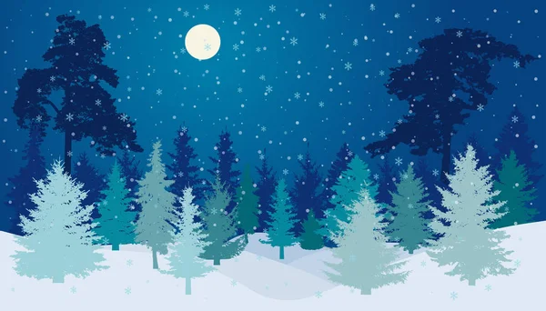 Forêt Hiver Avec Chutes Neige Nuit Avec Silhouette Pleine Lune — Image vectorielle