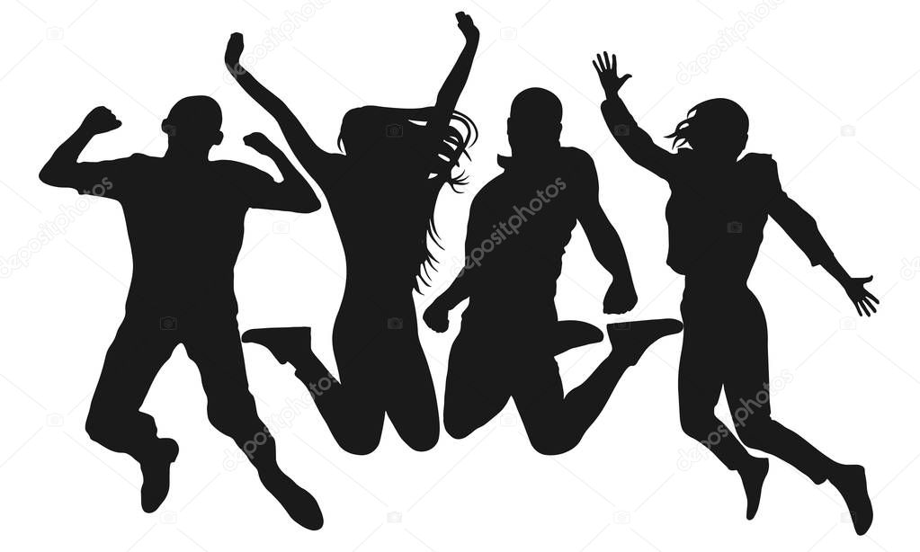 People jump vector silhouette. Cheerful man and woman isolated. Jumping friends colorful background