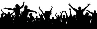 Neşeli insanlar eğlenmek kutluyor. Kalabalık eğlenceli insanlar konser, parti, tatil. Alkış insanlar ellerini. Tezahürat kitleye. Siluet vektör çizim