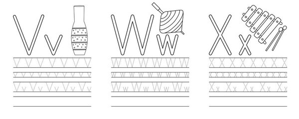 Writing practice of letters V, W, X. Раскраска. Образование для детей. Векторная иллюстрация
