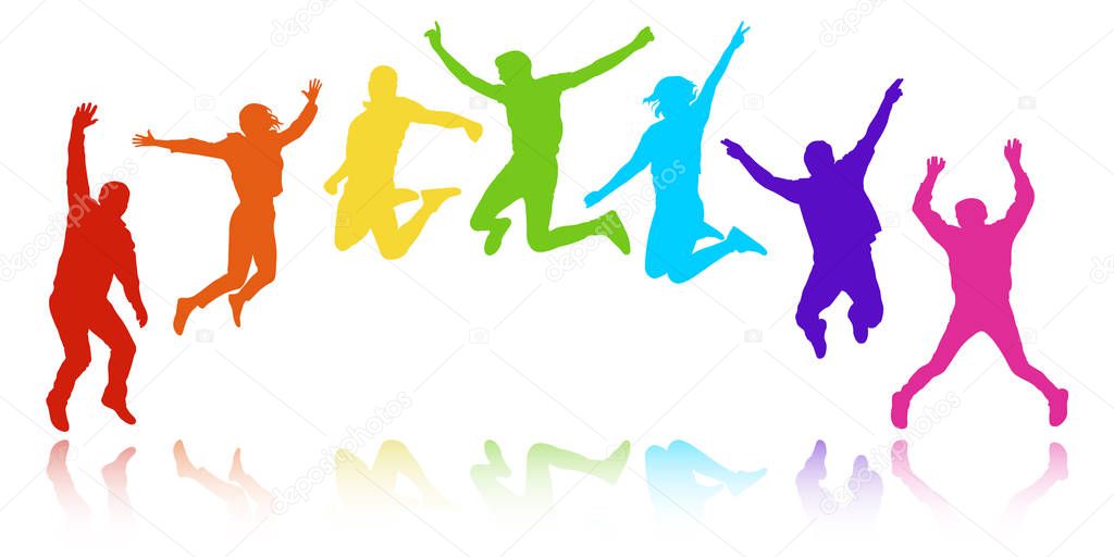 People in a jump, youth celebrating. Cheerful group of people, semicircle in the form of a rainbow. Colorful vector silhouette