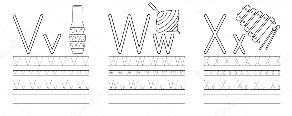 Writing practice of letters V,W,X. Coloring book. Education for children. Vector illustration