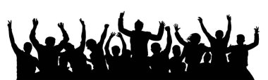 Kalabalık eğlenceli insanlar partiye devam, tatil. Neşeli insanlar eğlenmek kutluyor. Alkış insanlar ellerini. Tatil zafer. Tezahürat insanlar hayran. Siluet vektör çizim
