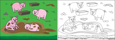 Çocuklar için boyama kitabı. Domuz çiftliğinde, çamur içinde karikatür. Vektör çizim.