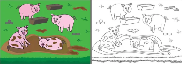 Libro Para Colorear Para Niños Cerdos Barro Granja Dibujos Animados — Archivo Imágenes Vectoriales