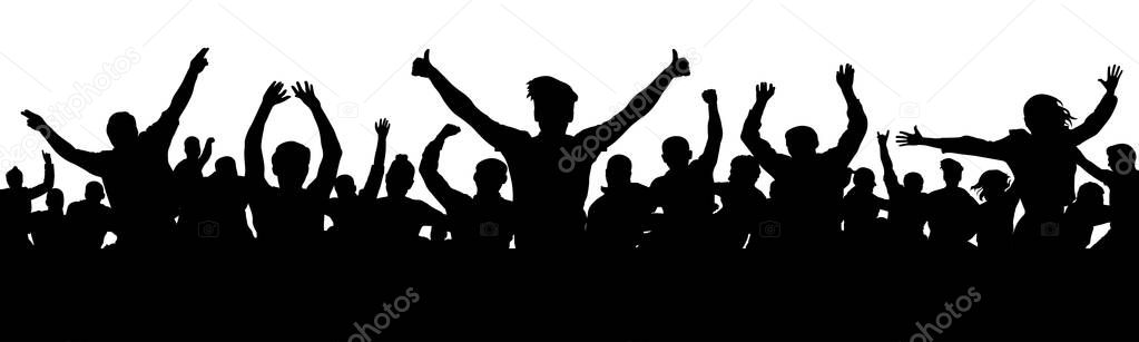 Cheerful people having fun celebrating. Thumb up, OK. Group of friends, youth. Crowd of fun people on party, holiday. Applause people hands up. Silhouette Vector Illustration