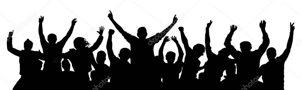 Crowd of fun people on party, holiday. Cheerful people having fun celebrating. Applause people hands up. Holiday victory. Cheer people sport fan. Detached crowd. Silhouette Vector Illustration