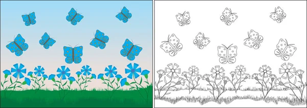 Kleurboek Voor Kinderen Vlinders Vliegen Buurt Van Bloemen Van Korenbloemen — Stockvector