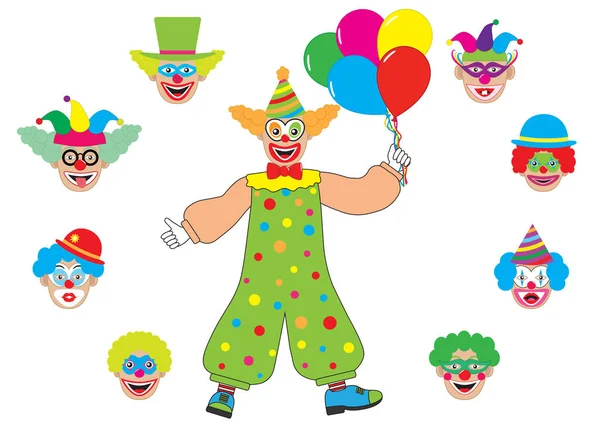 Seleziona Testa Clown Set Teste Clown Illustrazione Vettoriale — Vettoriale Stock