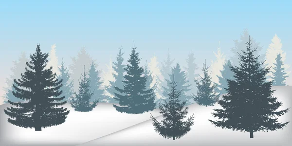 Silhueta Inverno Floresta Nevada Belas Árvores Abeto Abetos Ilustração Vetorial —  Vetores de Stock