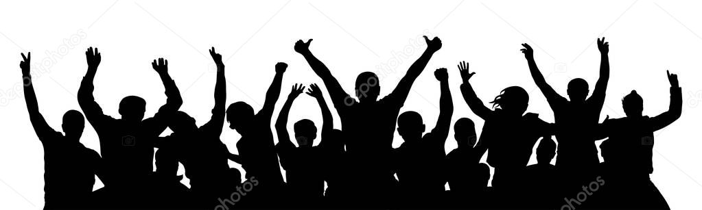 Cheer crowd people, thumb up. Silhouette party celebrating. Applause people hands up. Stand alone, separate  group of people. Vector Illustration