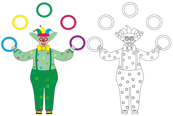 Funny Clown Juggling Rings Colorful Coloring Book Vector Illustration — Stock Vector