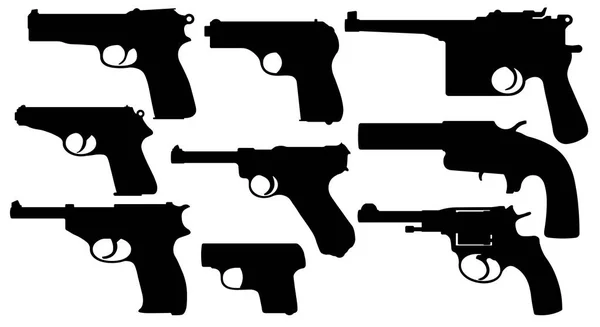 Vintage Pistole Sbírka Zbraní Zbraně Druhé Světové Války Sada Silueta — Stockový vektor