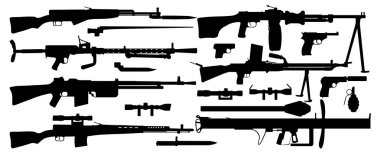 Vector set silhouettes, various military weapons. Objects pistol, machine gun, sniper rifle, grenade launcher, submachine gun. Retro, World War 2 clipart