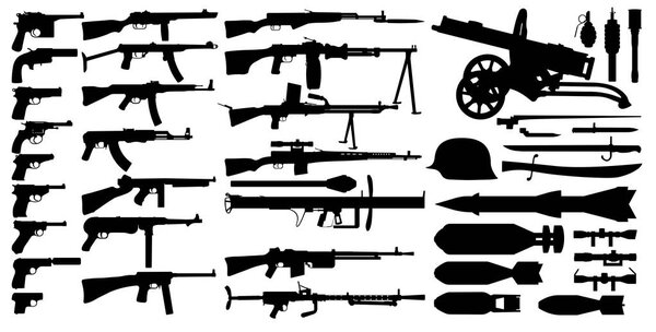 Firearms arsenal, military weapons collection. Isolated set vector silhouette. Objects pistol, machine gun, sniper rifle, grenade launcher, submachine gun. Retro, World War 2