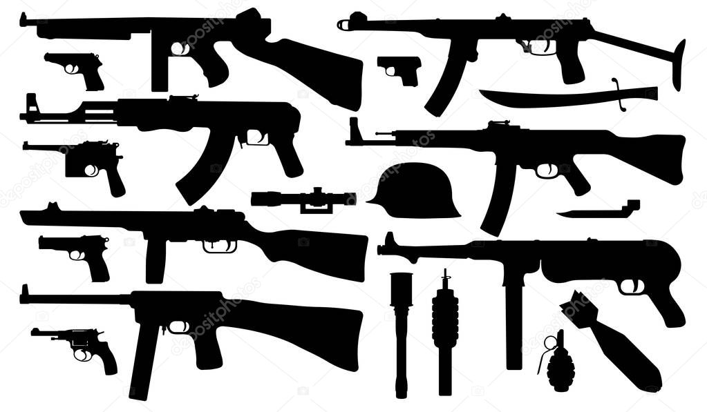 Military weapons, submachine gun silhouette vector