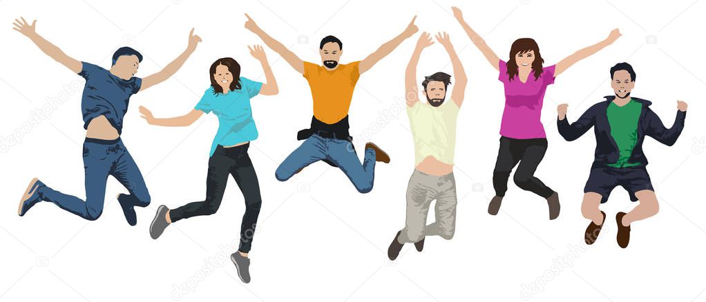 Group of people in a jump. Cheerful youth in the air on trampolines. Friends are jumping. Happy young people. Vector illustration