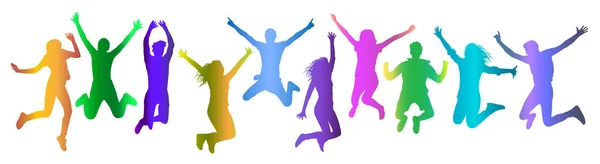 Saltando Gente Multitud Silueta Gradiente Colorido Conjunto Ilustración Vectorial — Vector de stock