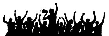 Political demonstration. Cheerful party man with speaker. Protest angry youth crowd. Riot silhouette vector clipart