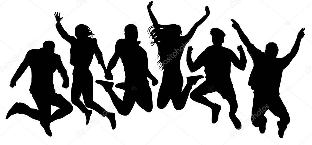 Jumping friends youth background. People jump vector silhouette. Cheerful man and woman isolated. Crowd jumping people, close to each other