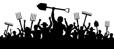Kızgın köylüler gösteri protesto. Bir dirgen ile kişilik bir kalabalık komisyon kürek. İsyan işçi siluet vektör