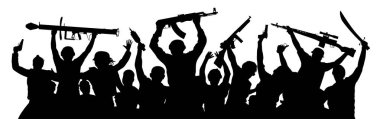 Silahlı teröristler. Silah ile askeri insan kalabalığı. Oyun airsoft paintball çekim. Askeri siluet asker. Ordu takım co işçi. Vektör çizim