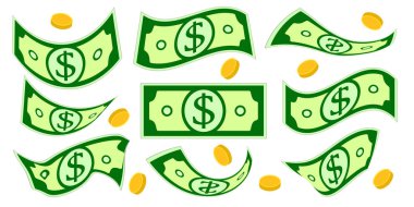 Dolar nakit. Küme düşen para izole. Buruşuk para ve para. Vektör çizim