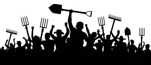 Campesinos Enojados Protestan Manifestación Una Multitud Personas Con Rastrillo Pala — Vector de stock