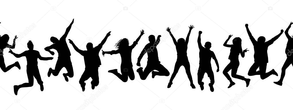 Silhouettes of many different jumping people, seamless pattern. 