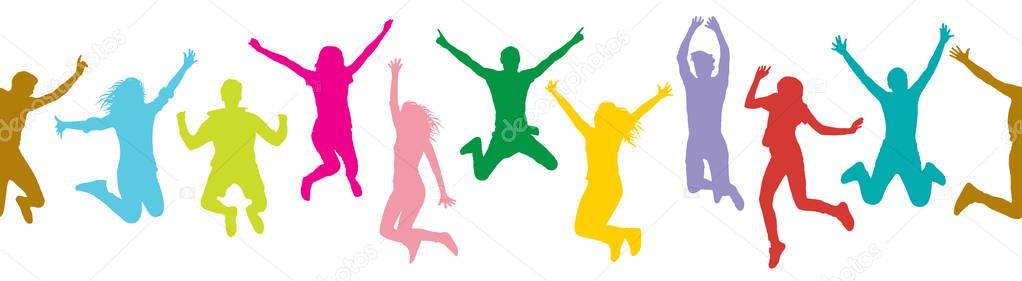 Seamless pattern of jumping people (crowd), silhouette colorful.