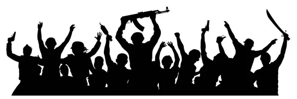 Multidão de militares com armas. Terroristas armados. Silhueta militar de soldados. Ilustração vetorial —  Vetores de Stock