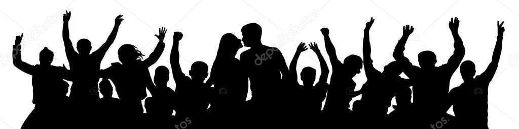 Cheerful crowd people silhouette. Kiss of young couple