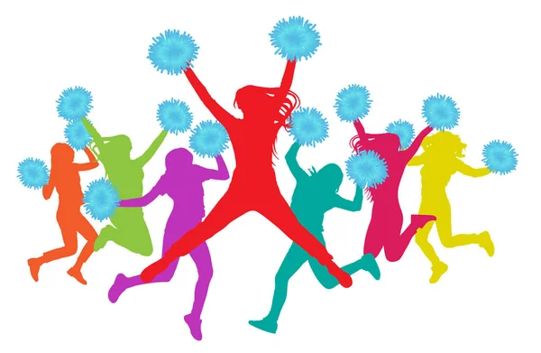 Meisjes met pompoms (cheerleaders) silhouet kleurrijke springen. — Stockvector