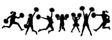Pom-poms ile siluet atlama cheerleaders ayarlayın. Vektör 
