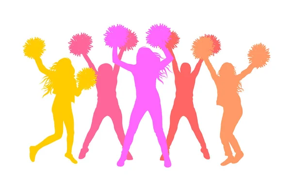 Silhouetten van meisjes (cheerleaders) met pom-poms. Vector — Stockvector