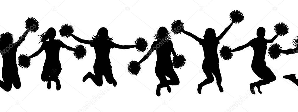 Seamless pattern of jumping girls with pom-pom (cheerleaders)