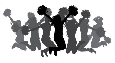 Pom-poms ile kızlar atlama. Cheerleaders siluetleri. Vektör