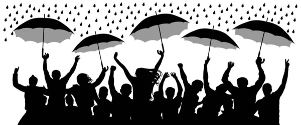 Crowd of cheerful people with umbrellas in the rain. Isolated Vector Silhouette
