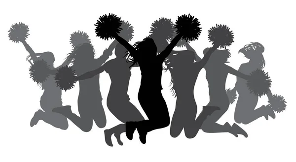 Jumping girls with pom-poms. Silhouettes of cheerleaders. Vector — Stock Vector