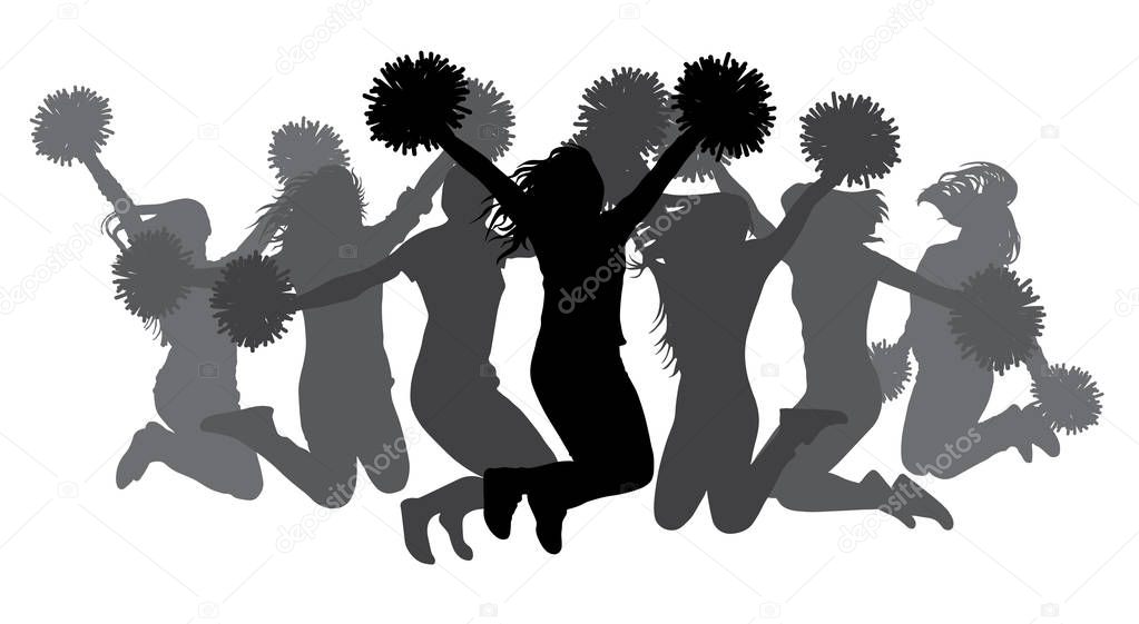 Jumping girls with pom-poms. Silhouettes of cheerleaders. Vector